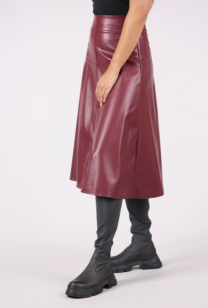 Isle by Melis Kozan Vegan Leather Godet Skirt, Cherry 