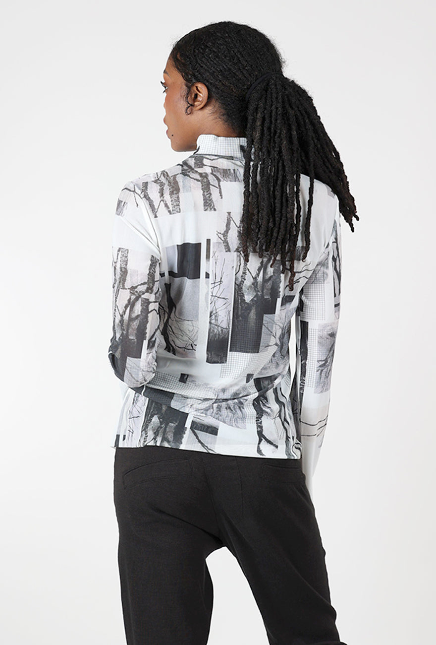 Abstract Print Mesh Tneck, White/Gray