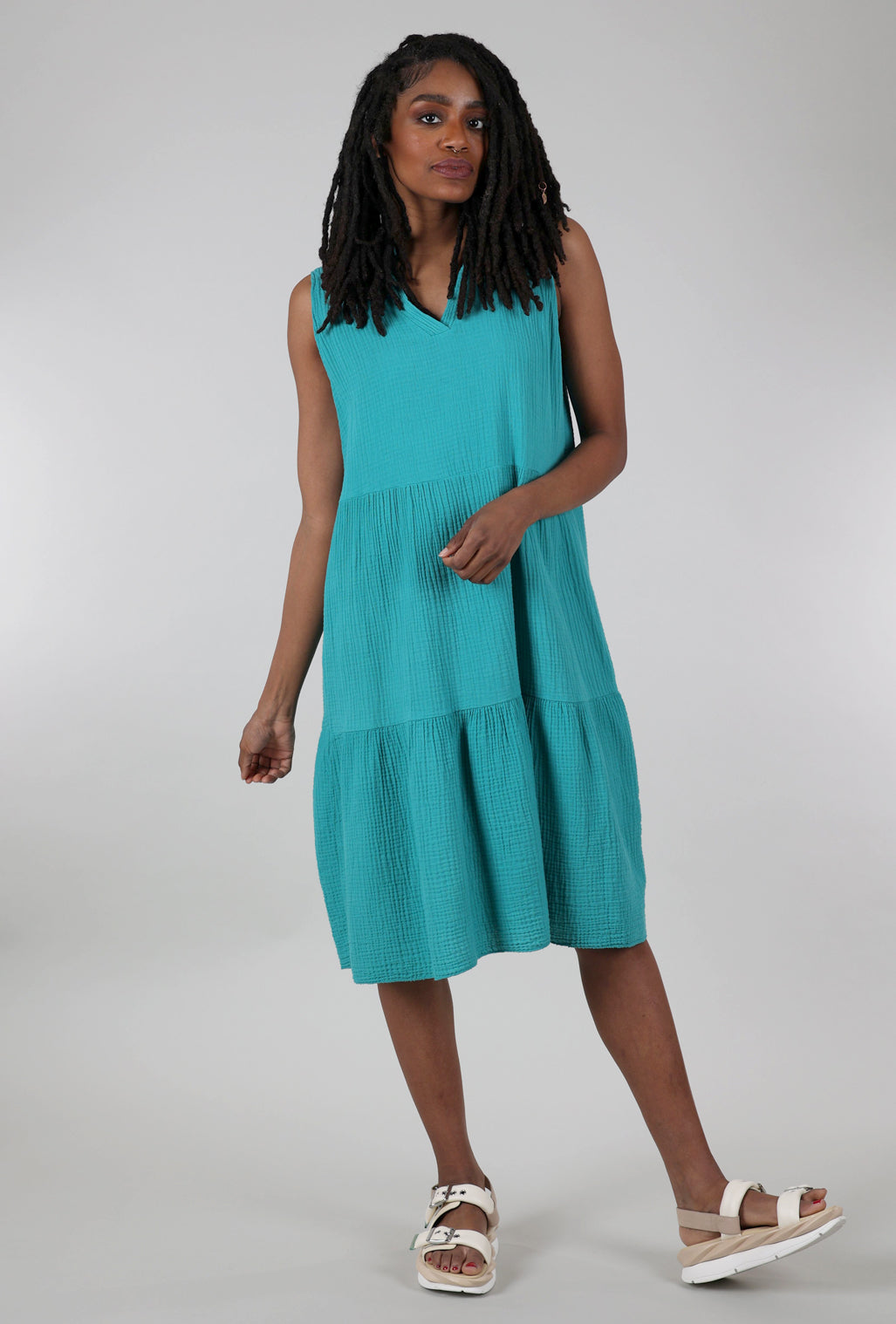 M Made in Italy Bubble Gauze Tiered Dress, Lagoon Blue 