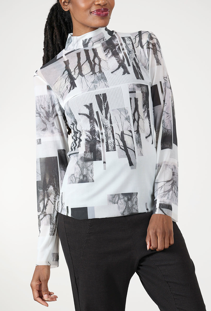 Abstract Print Mesh Tneck, White/Gray