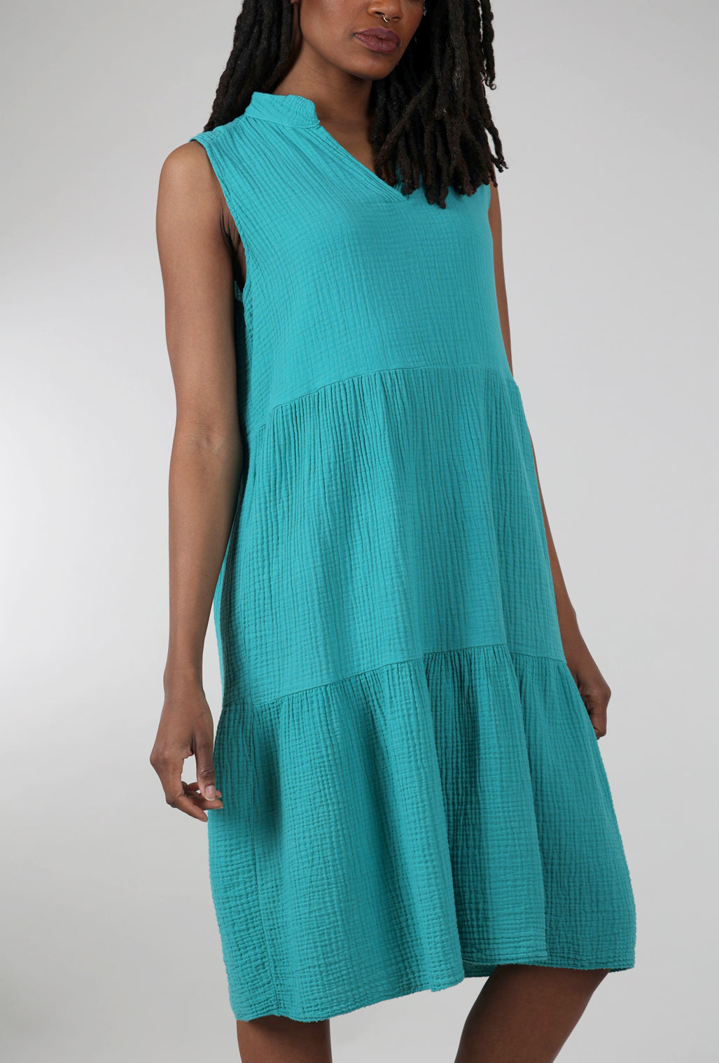 M Made in Italy Bubble Gauze Tiered Dress, Lagoon Blue 