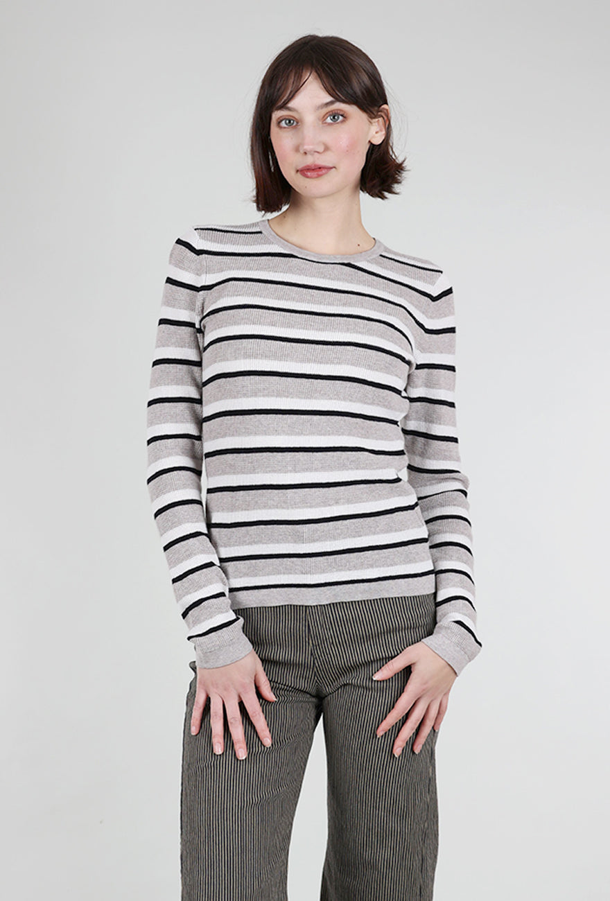 Kinross Cashmere Thermal Knit Stripe Crew, Pebble 