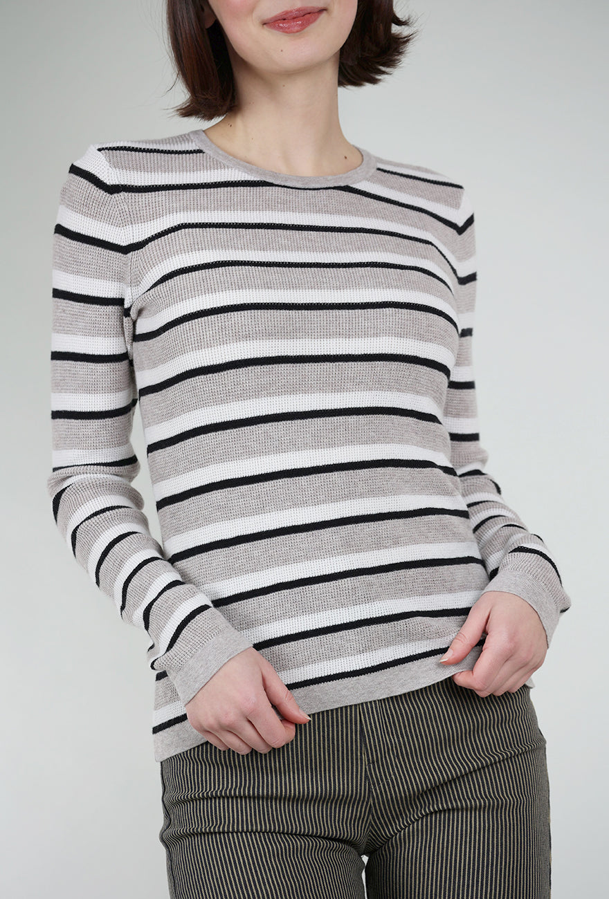 Kinross Cashmere Thermal Knit Stripe Crew, Pebble 