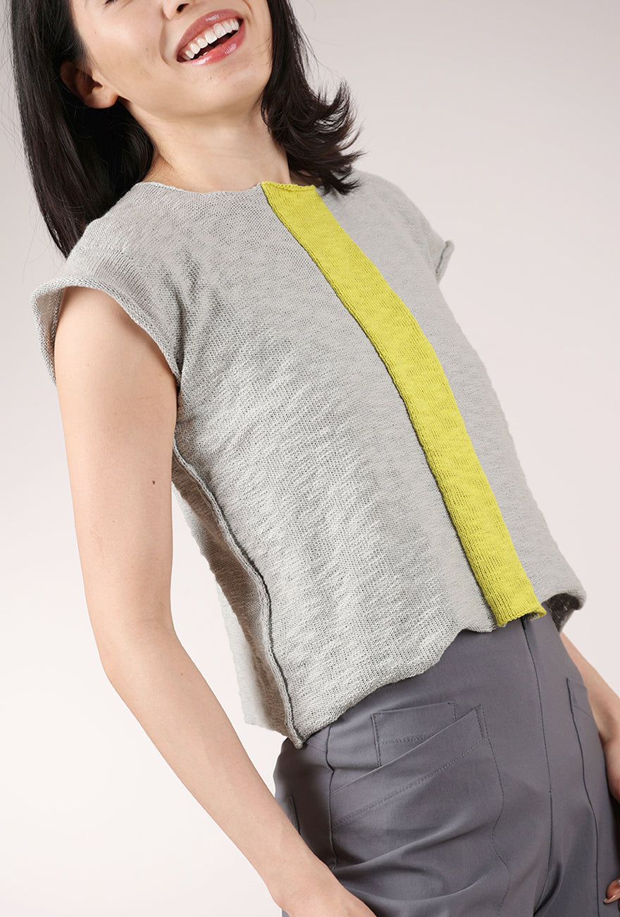 Paper Temples Yield Center Stripe Sweater, Silver/Chartreuse 