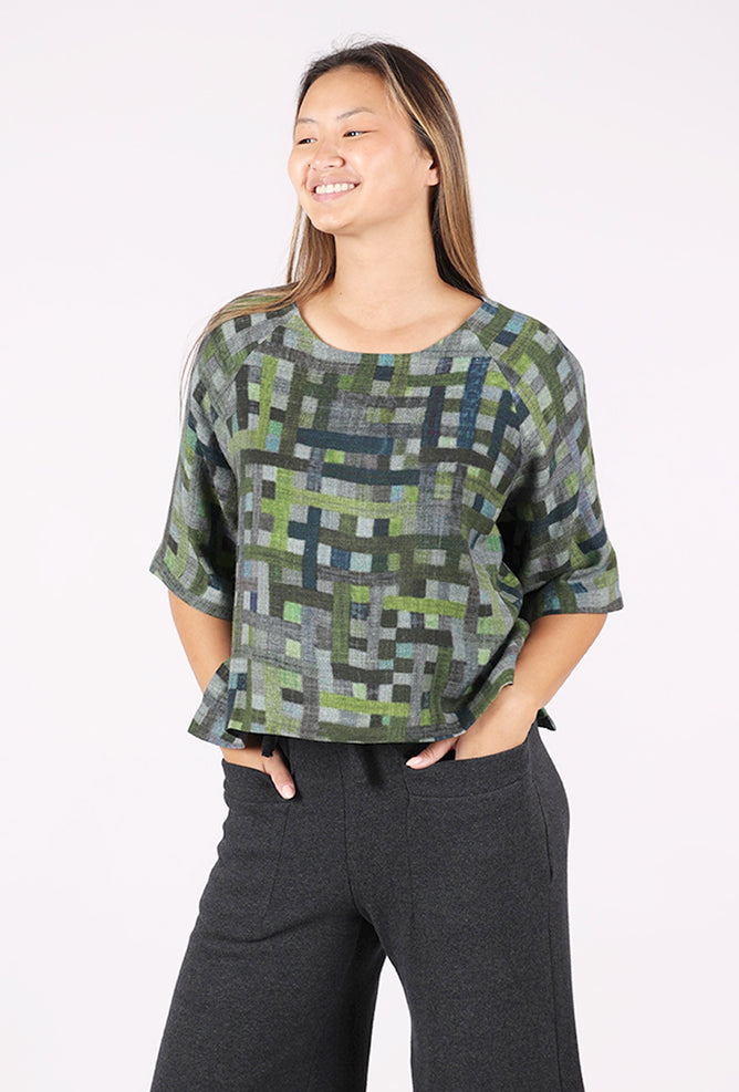 Neeru Kumar Raglan Wool Boxy Top, Green Grids 