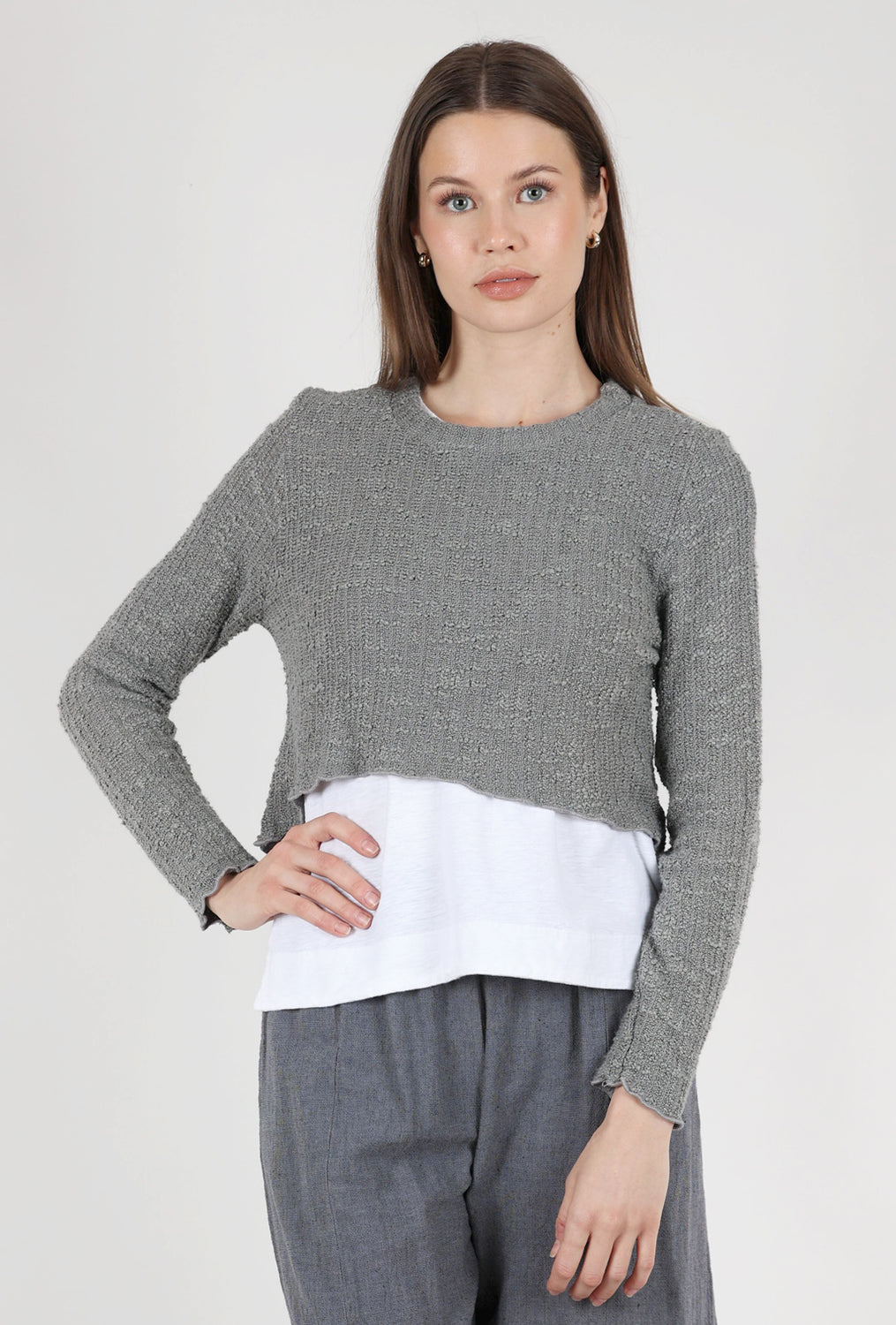 Cut Loose Texture Curved Crop Sweater, Cobblestone Gray 