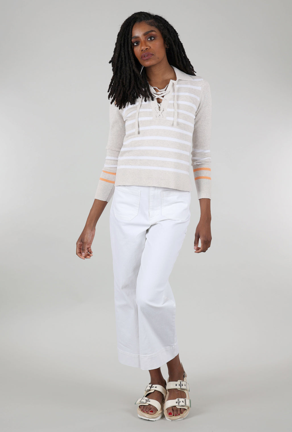 Kinross Cashmere Lace-Up Stripe Polo Sweater, Champagne 