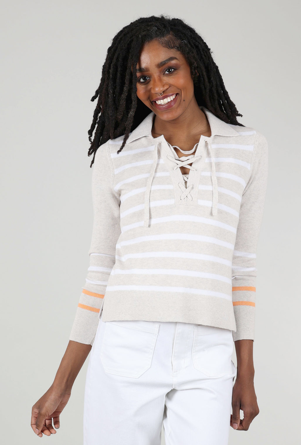 Kinross Cashmere Lace-Up Stripe Polo Sweater, Champagne 