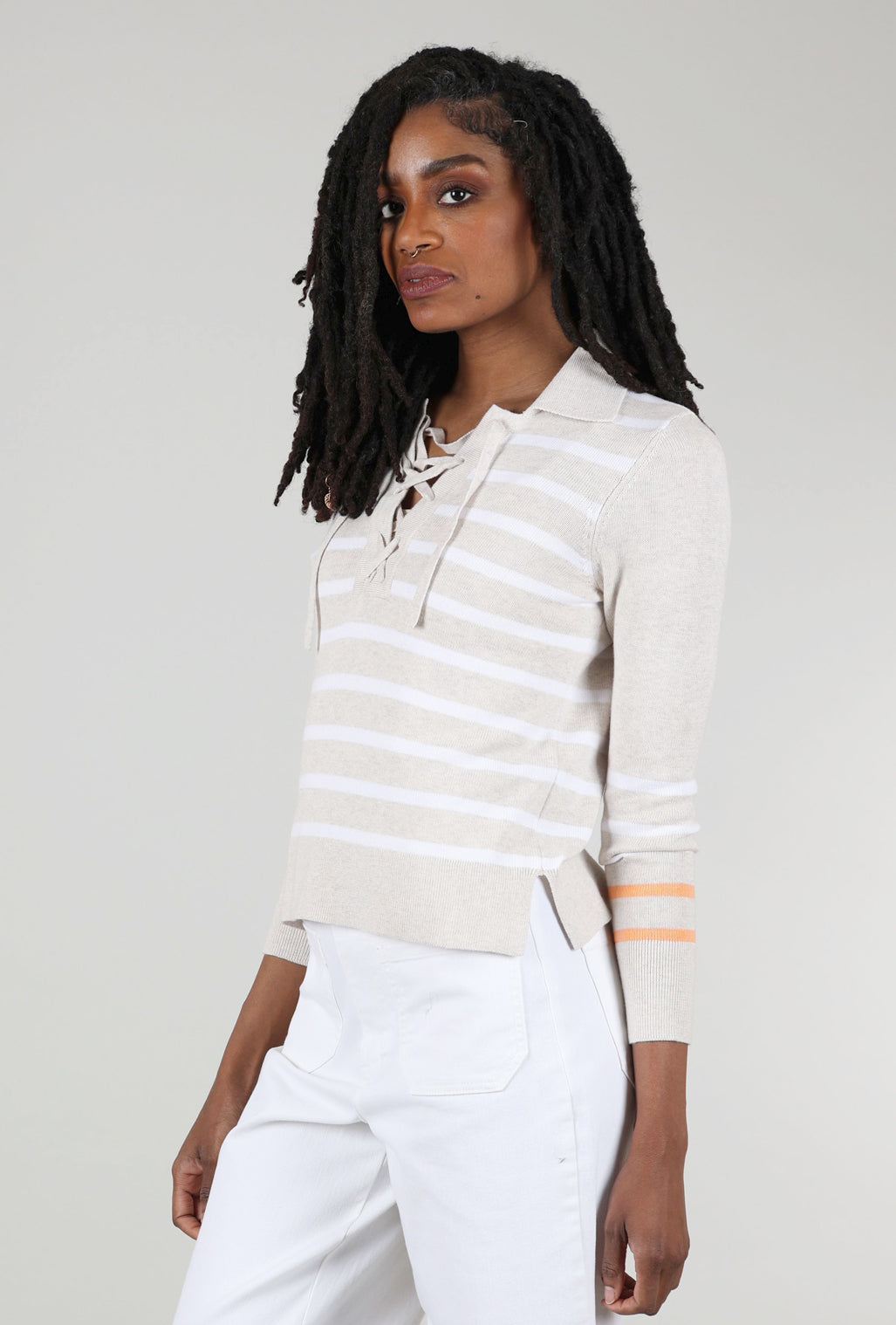 Kinross Cashmere Lace-Up Stripe Polo Sweater, Champagne 