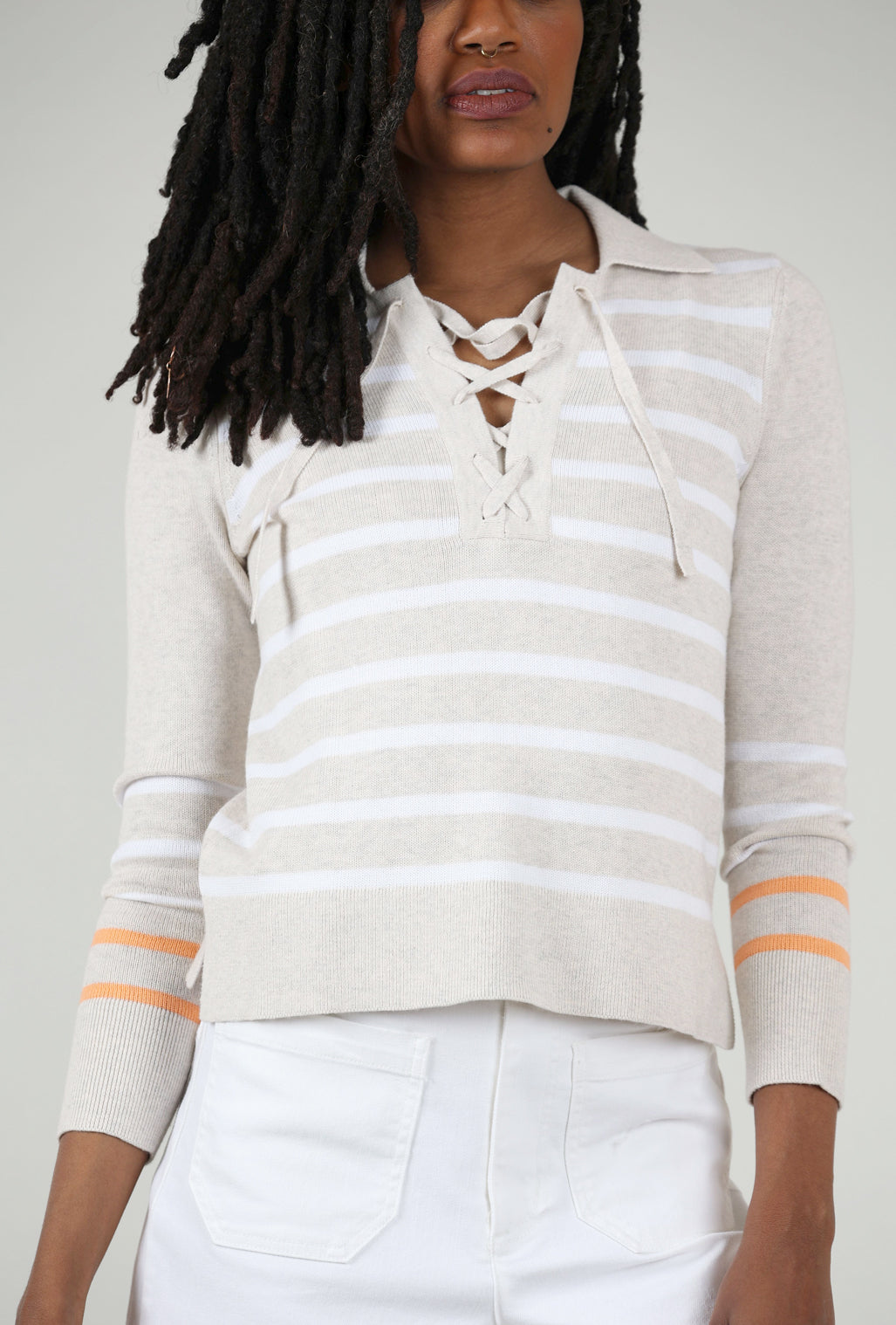 Kinross Cashmere Lace-Up Stripe Polo Sweater, Champagne 