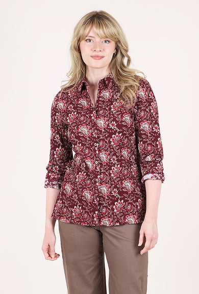Habitat Floral Block Print Shaped Shirt, Wine 