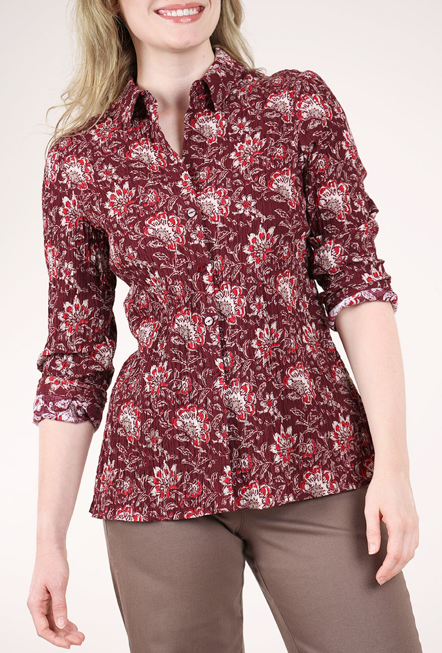 Habitat Floral Block Print Shaped Shirt, Wine 