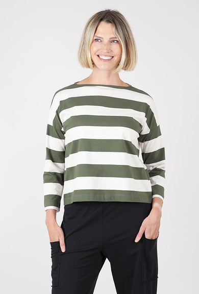 Leia-Sue Jersey Stripe Top, Olive/Ecru