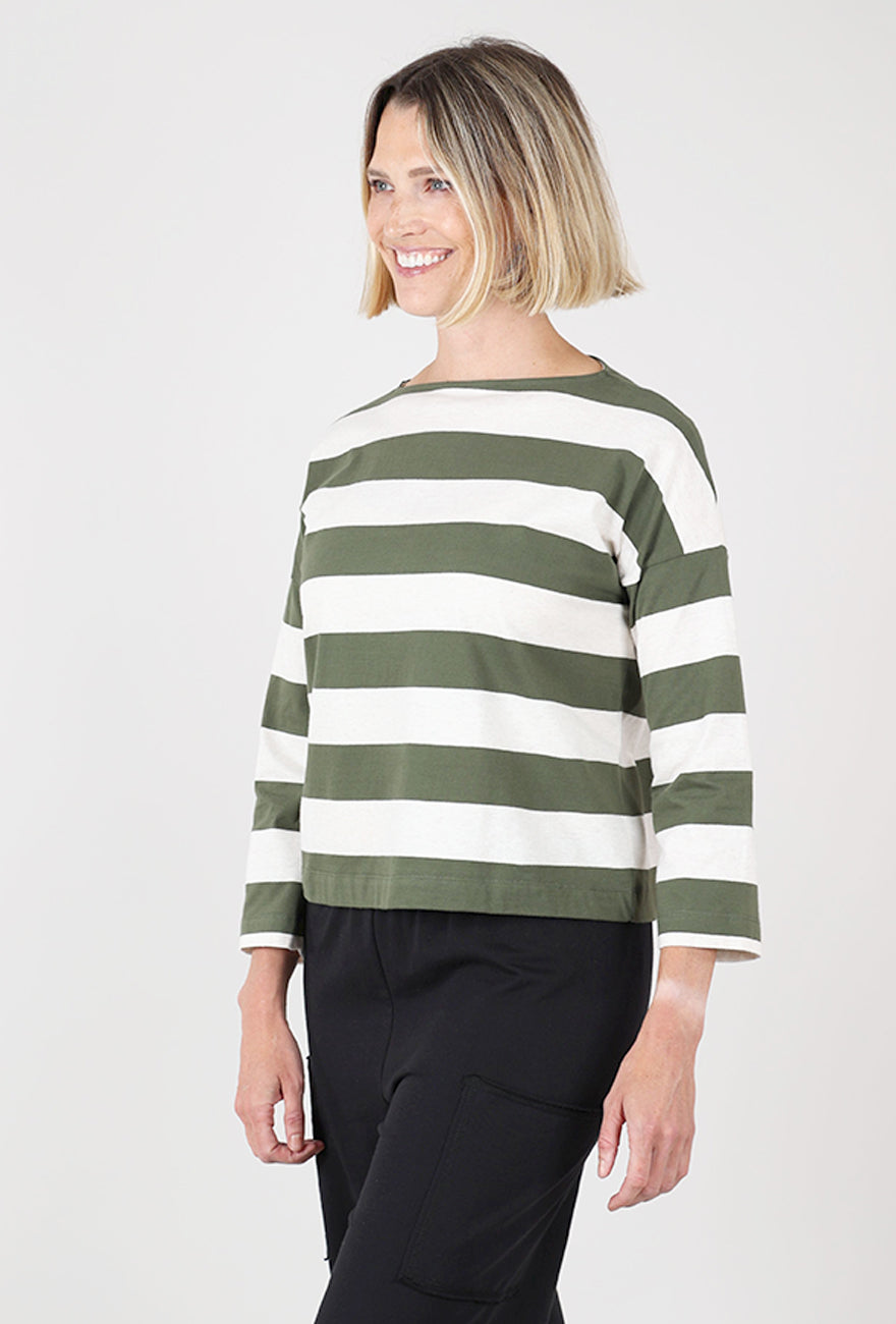 Leia-Sue Jersey Stripe Top, Olive/Ecru Angle 2