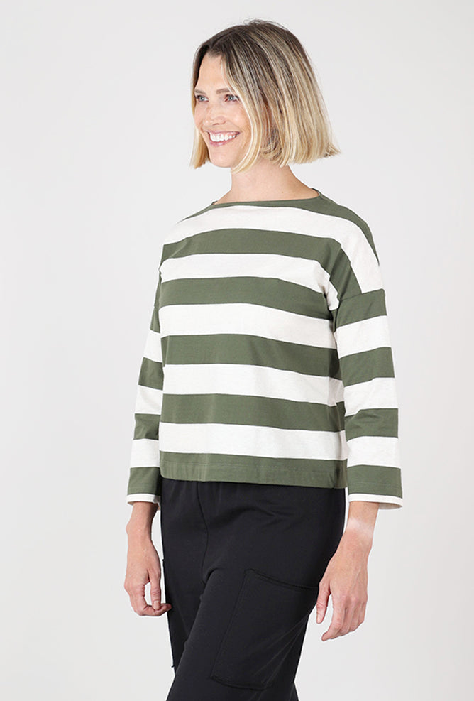 Leia-Sue Jersey Stripe Top, Olive/Ecru Angle 2