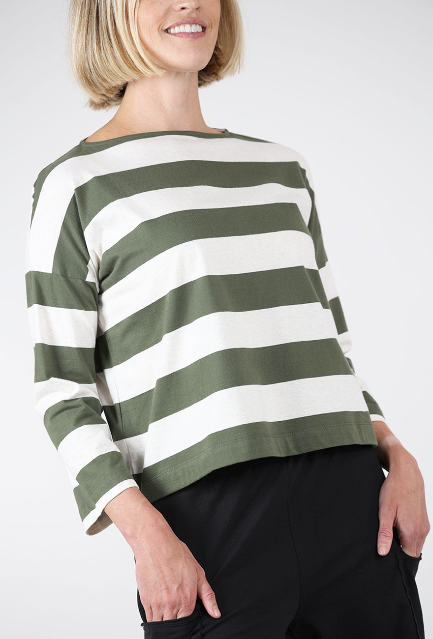 Leia-Sue Jersey Stripe Top, Olive/Ecru