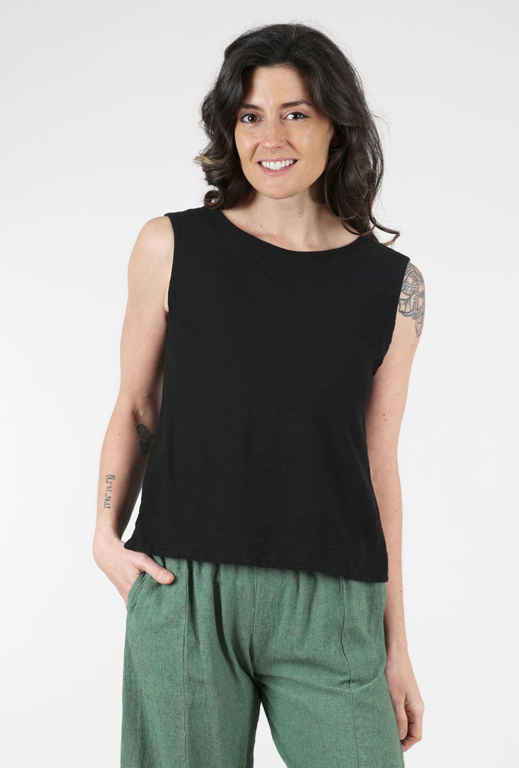 Cut Loose Linen-Cotton Jersey Shell, Black 