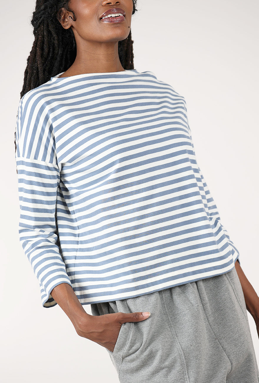 Leia-Sue Jersey Stripe Top, Pewter/Off White