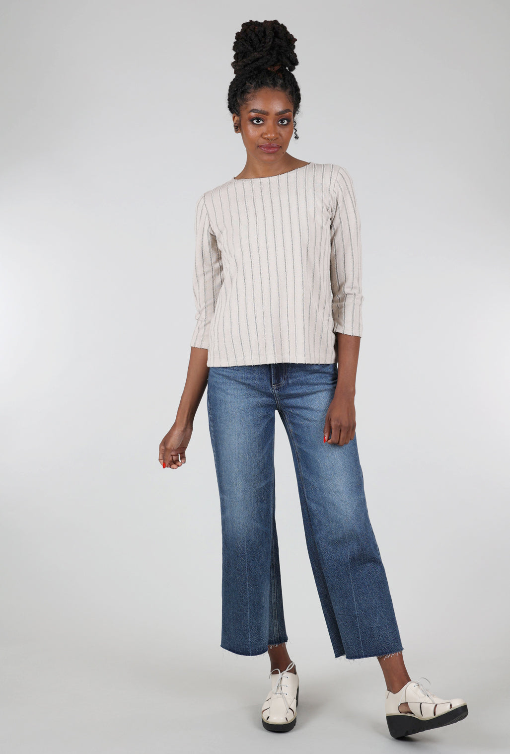 Cut Loose Frayed Stripe Boatneck Tee, Moonbeam 