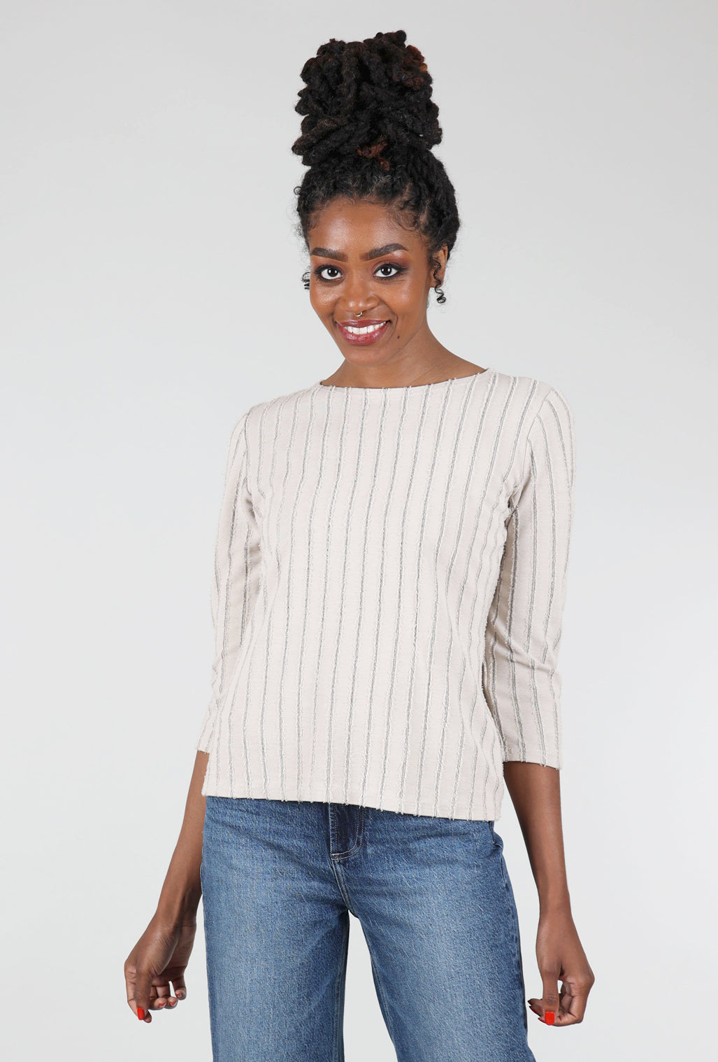 Cut Loose Frayed Stripe Boatneck Tee, Moonbeam 