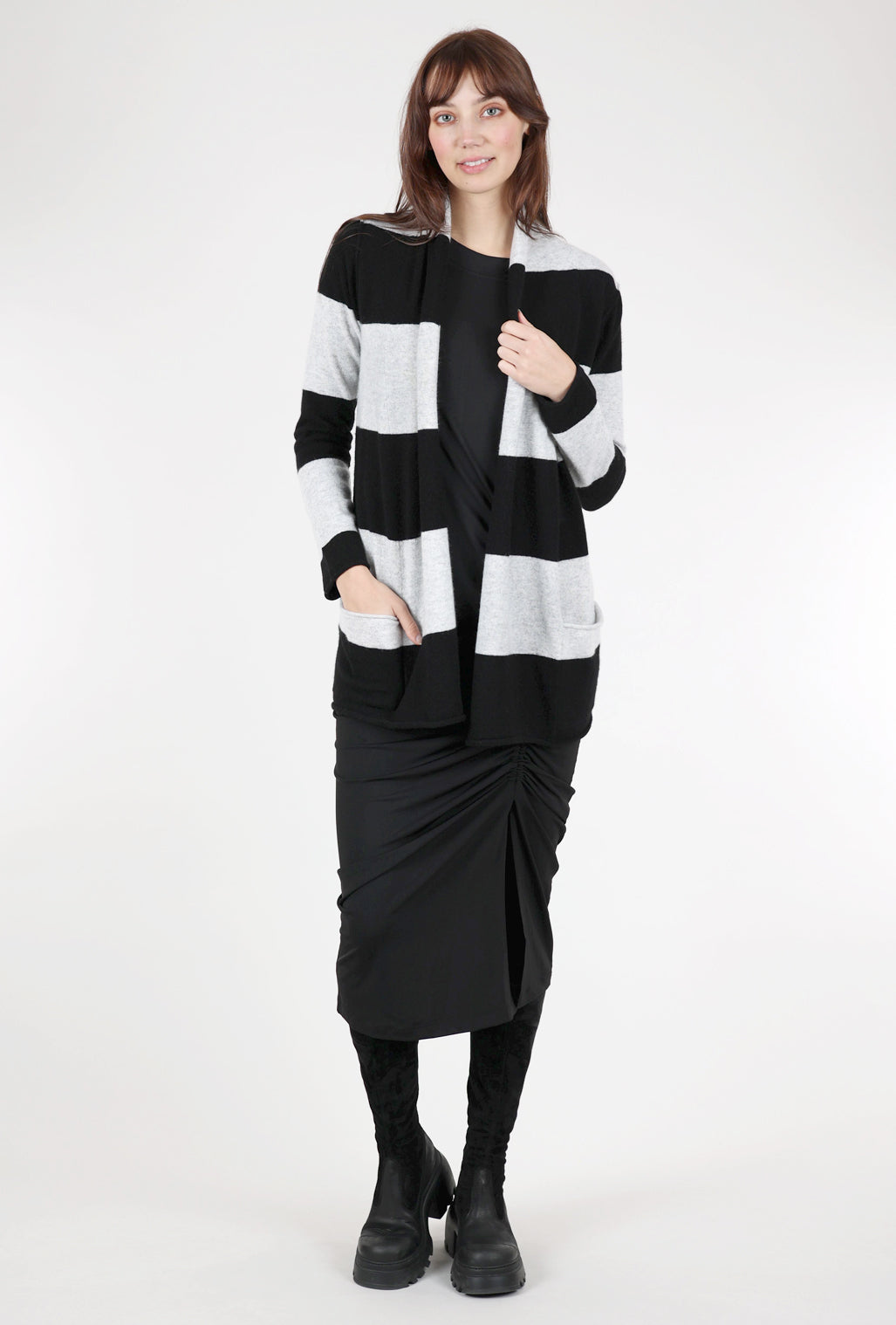 Pure Amici Striped Cashmere Open Cardie, Black/Gray 