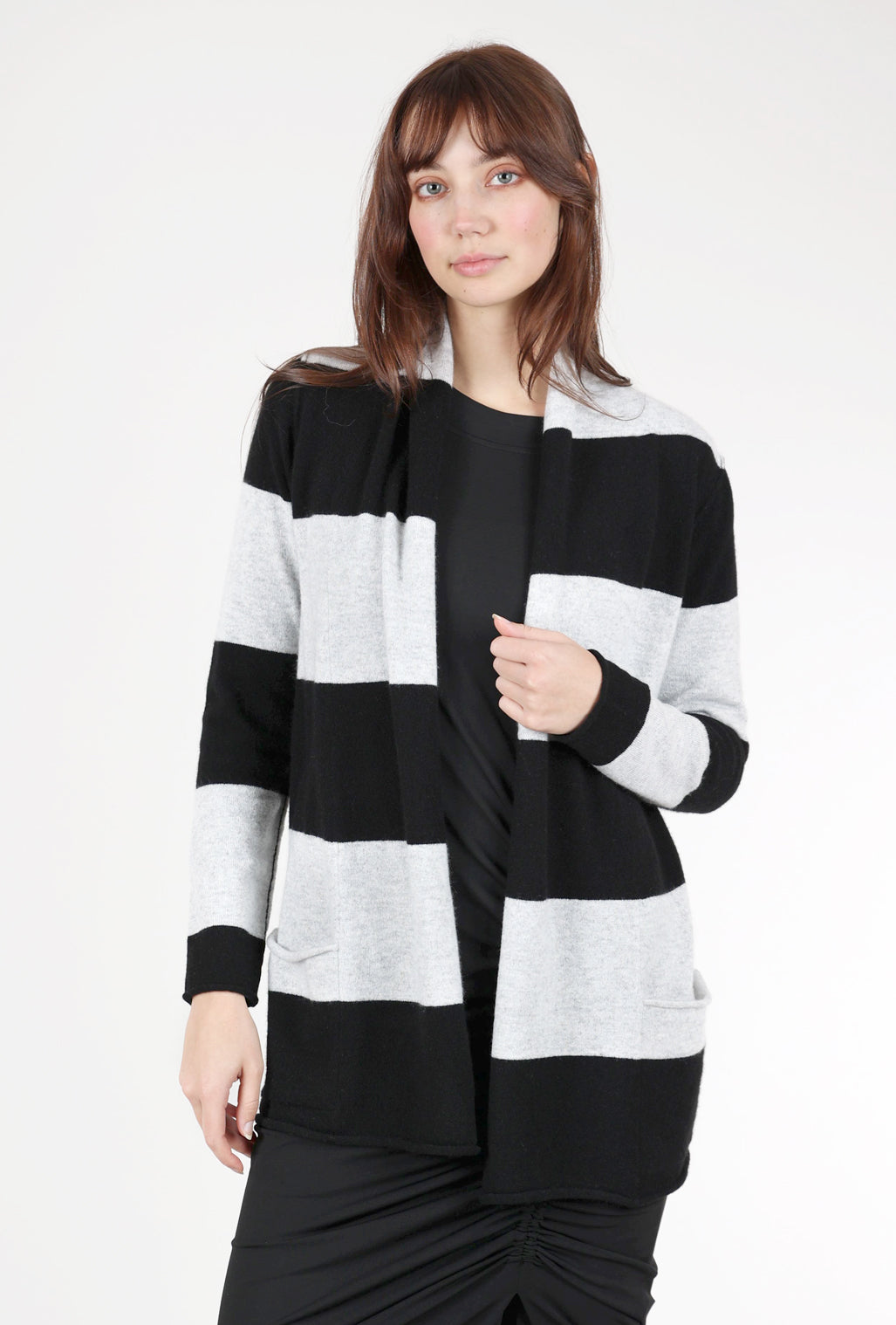 Pure Amici Striped Cashmere Open Cardie, Black/Gray 