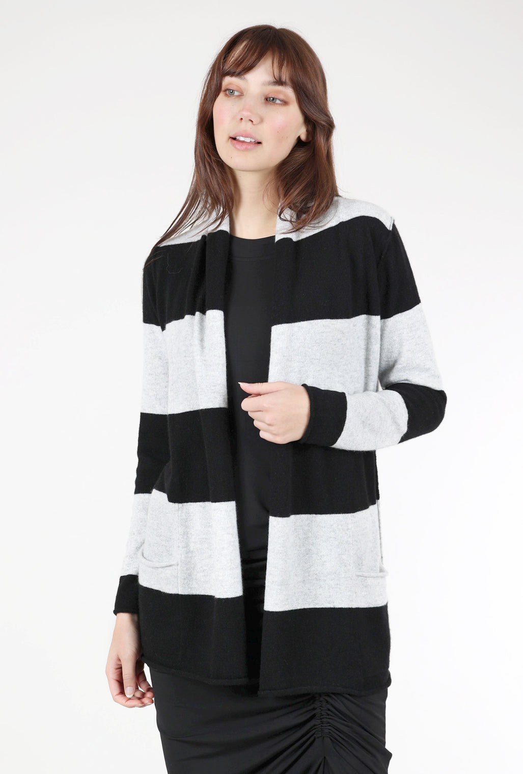 Pure Amici Striped Cashmere Open Cardie, Black/Gray 