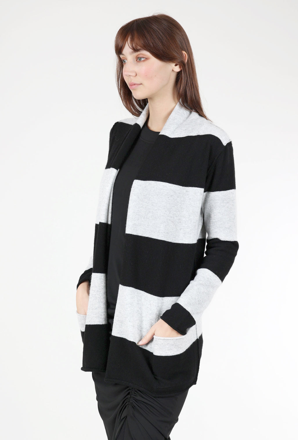 Pure Amici Striped Cashmere Open Cardie, Black/Gray 