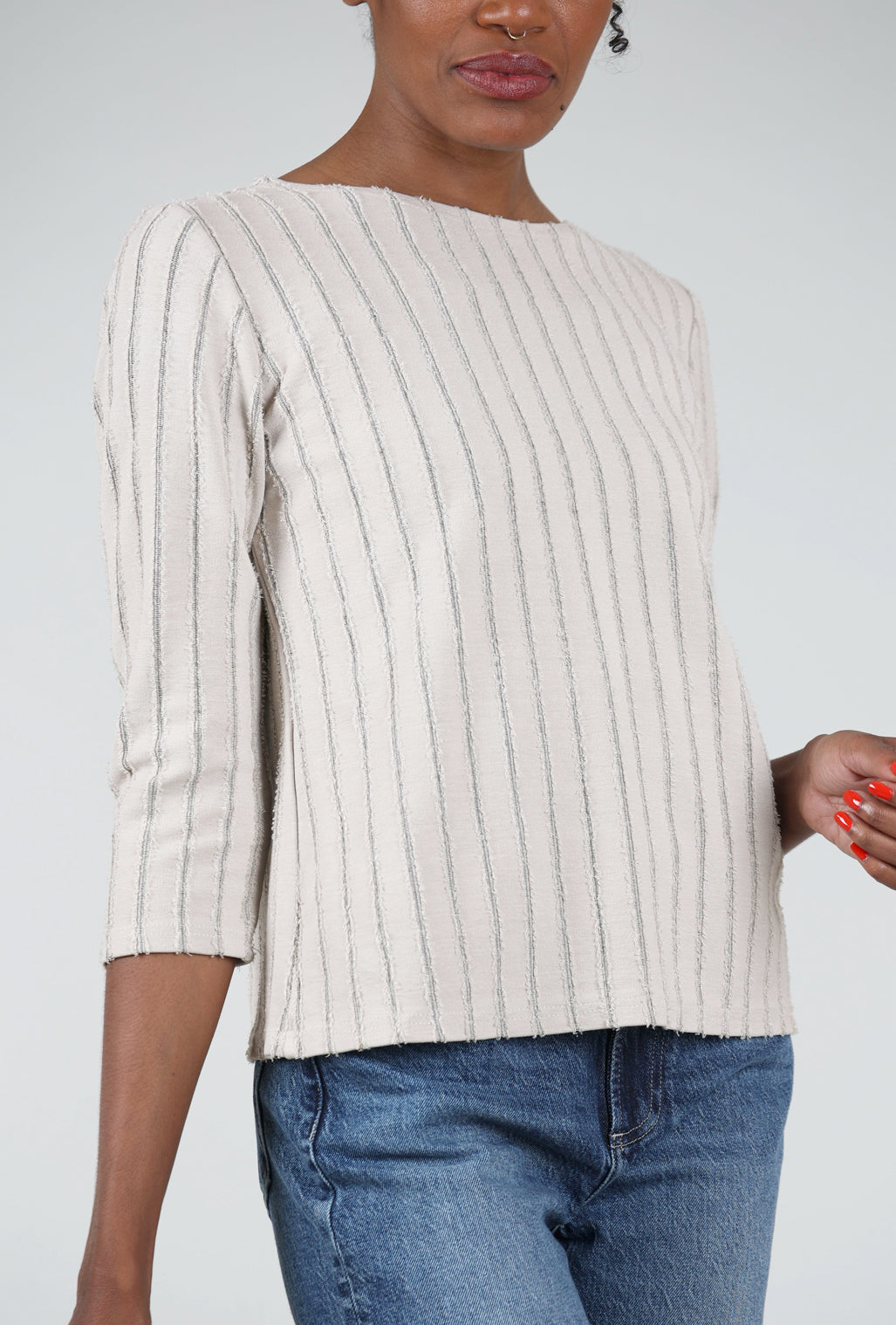 Cut Loose Frayed Stripe Boatneck Tee, Moonbeam 