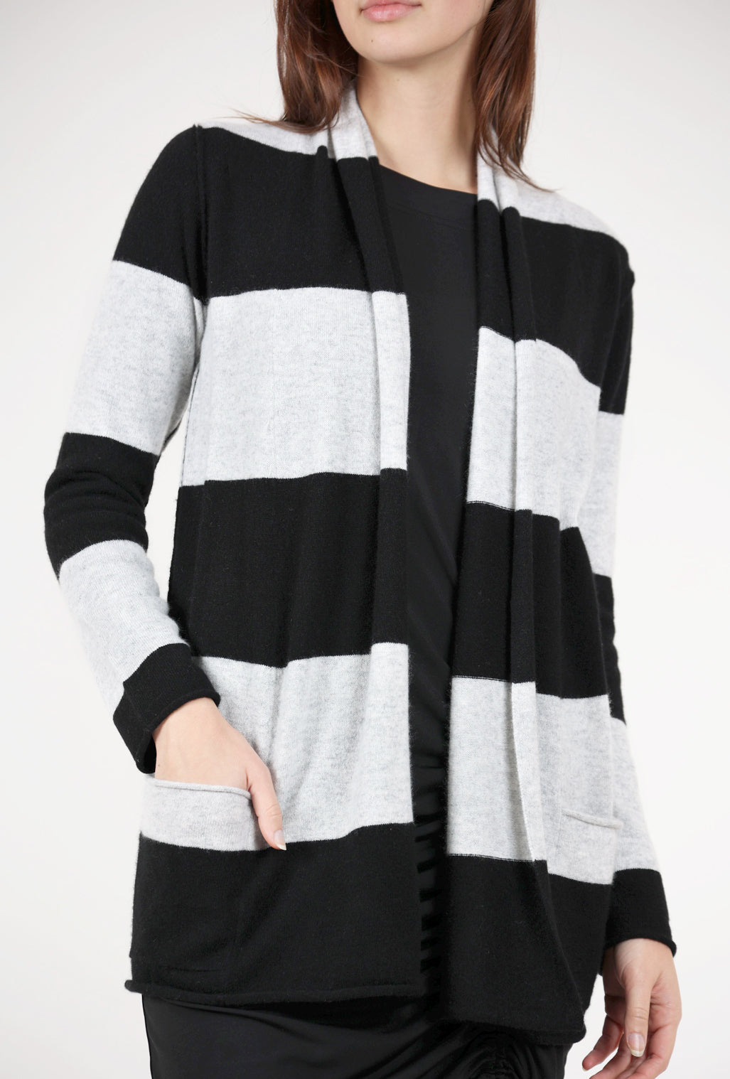 Pure Amici Striped Cashmere Open Cardie, Black/Gray 