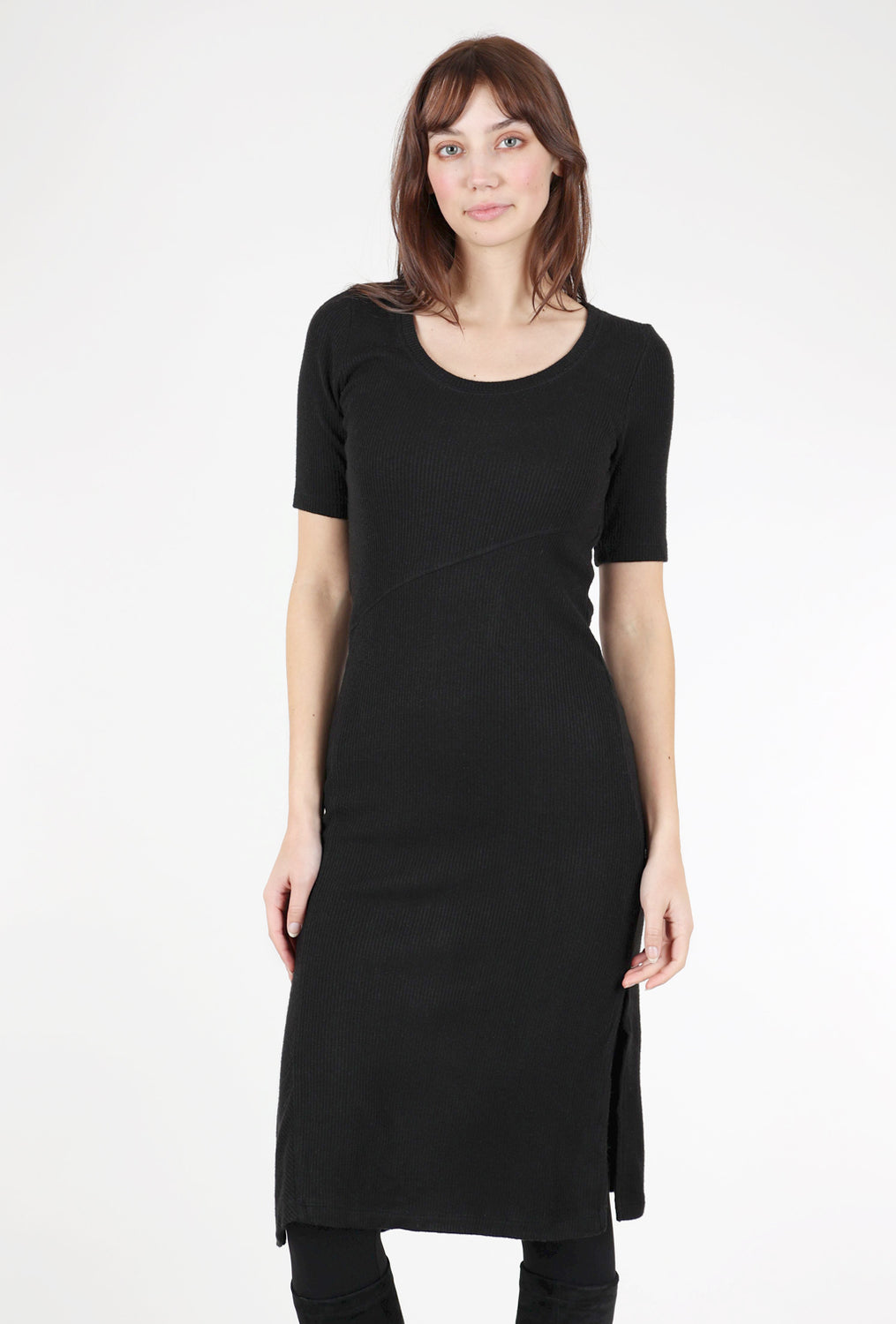 Mododoc Half-Sleeve Rib Midi Dress, Black 