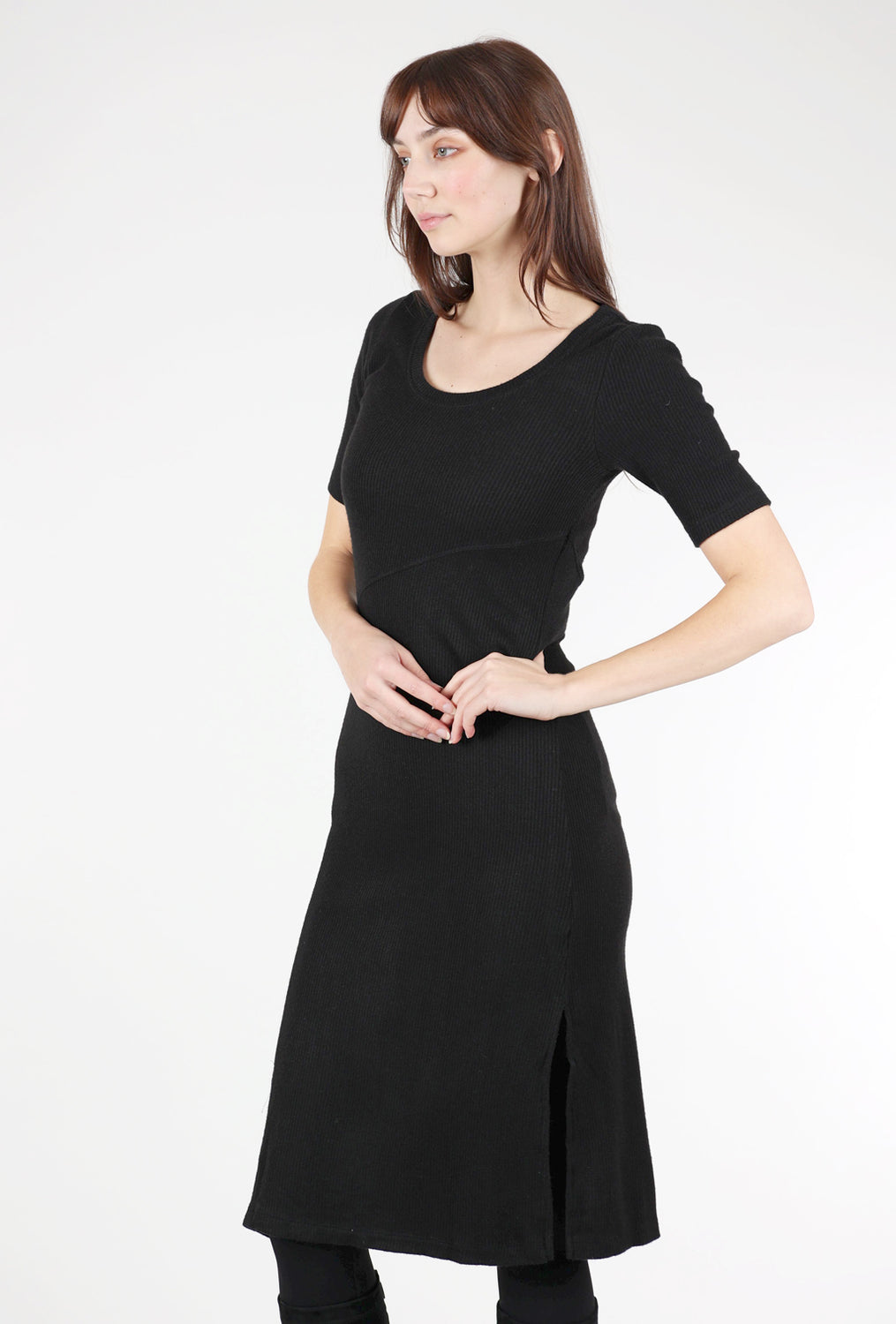 Mododoc Half-Sleeve Rib Midi Dress, Black 