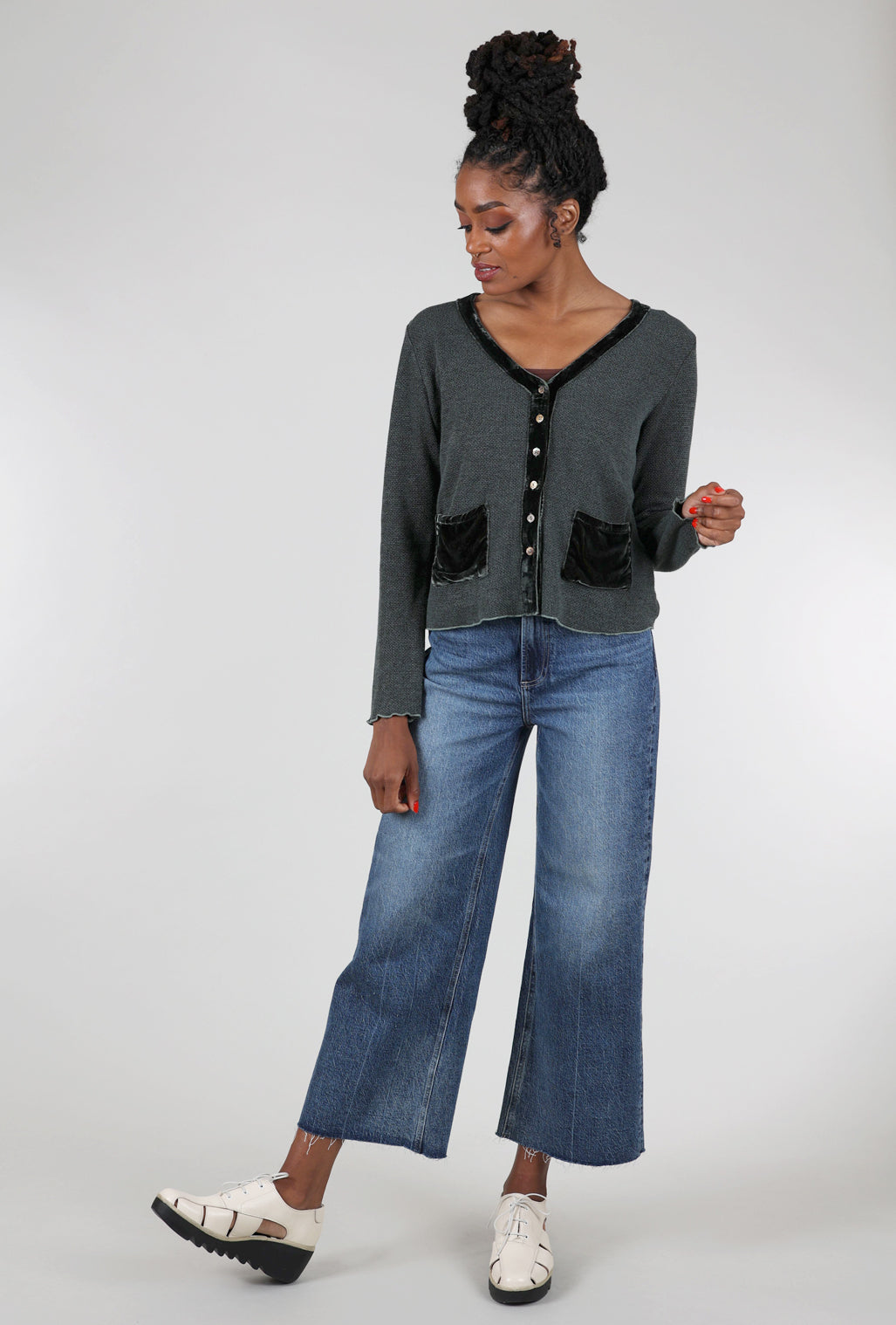 Cut Loose Marble Knit Velvet-Pocket Sweater, Myrtle 