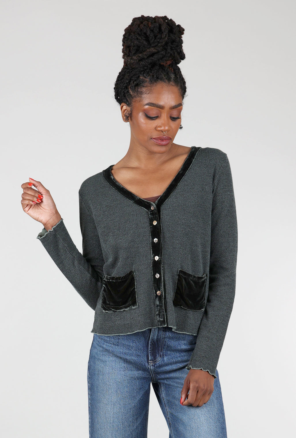 Cut Loose Marble Knit Velvet-Pocket Sweater, Myrtle 