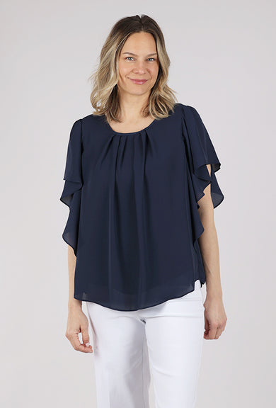 Estelle & Finn Pleat Front Flutter Blouse, Navy 