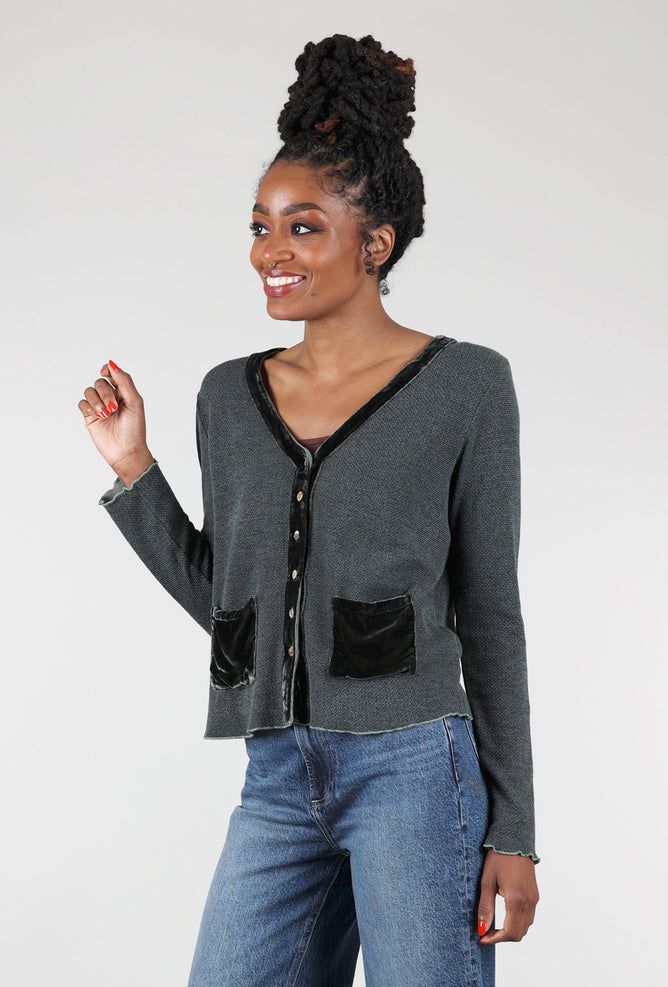 Cut Loose Marble Knit Velvet-Pocket Sweater, Myrtle 