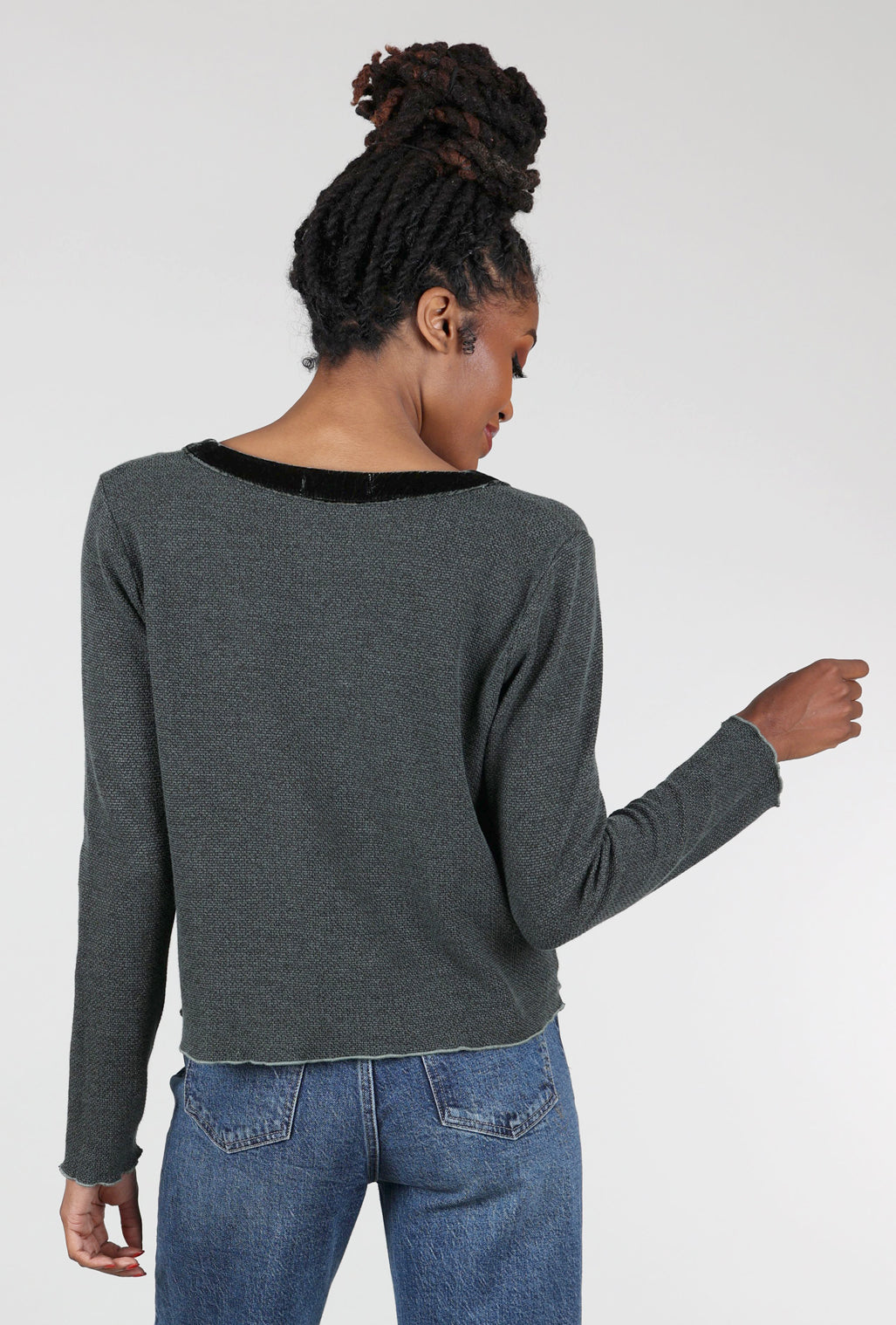 Cut Loose Marble Knit Velvet-Pocket Sweater, Myrtle 