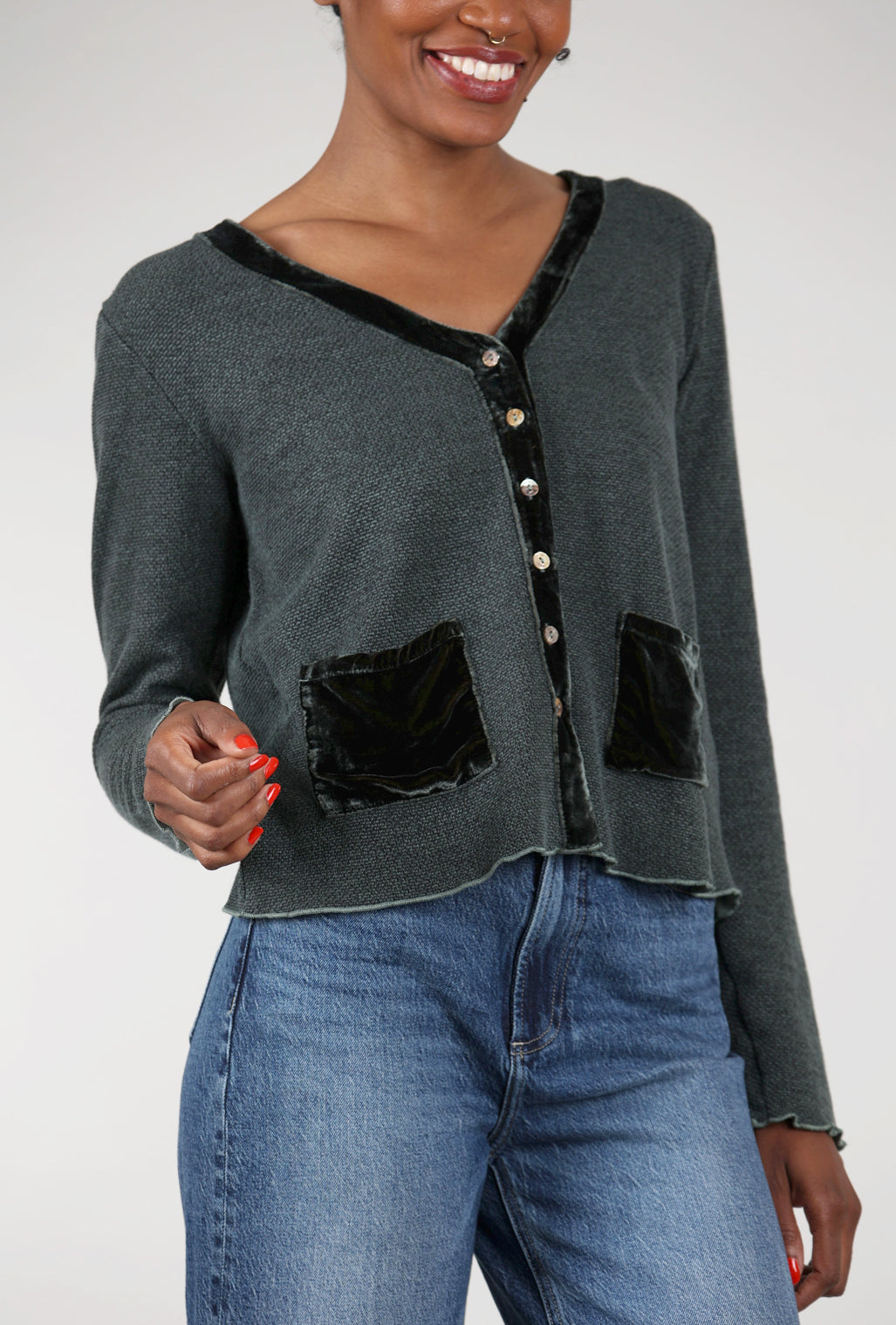 Cut Loose Marble Knit Velvet-Pocket Sweater, Myrtle 