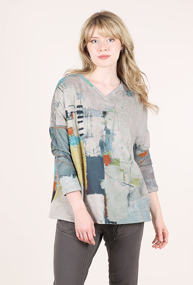3 Potato Plush Print Vneck Top, Gray/Sage 