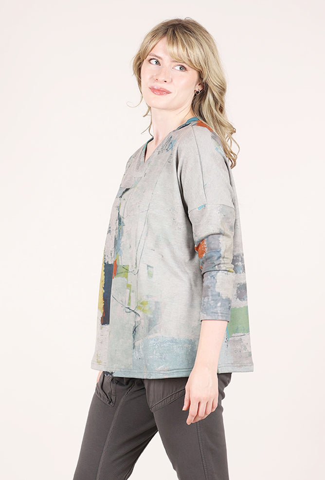 3 Potato Plush Print Vneck Top, Gray/Sage 