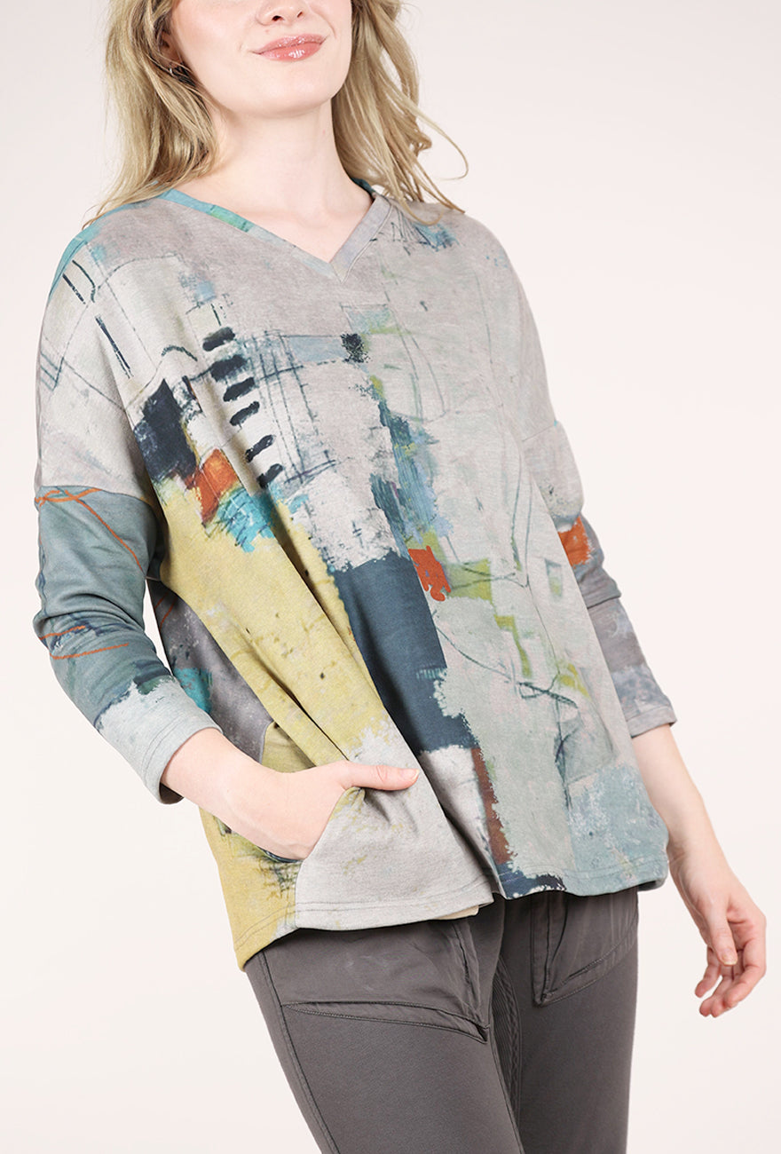 3 Potato Plush Print Vneck Top, Gray/Sage 
