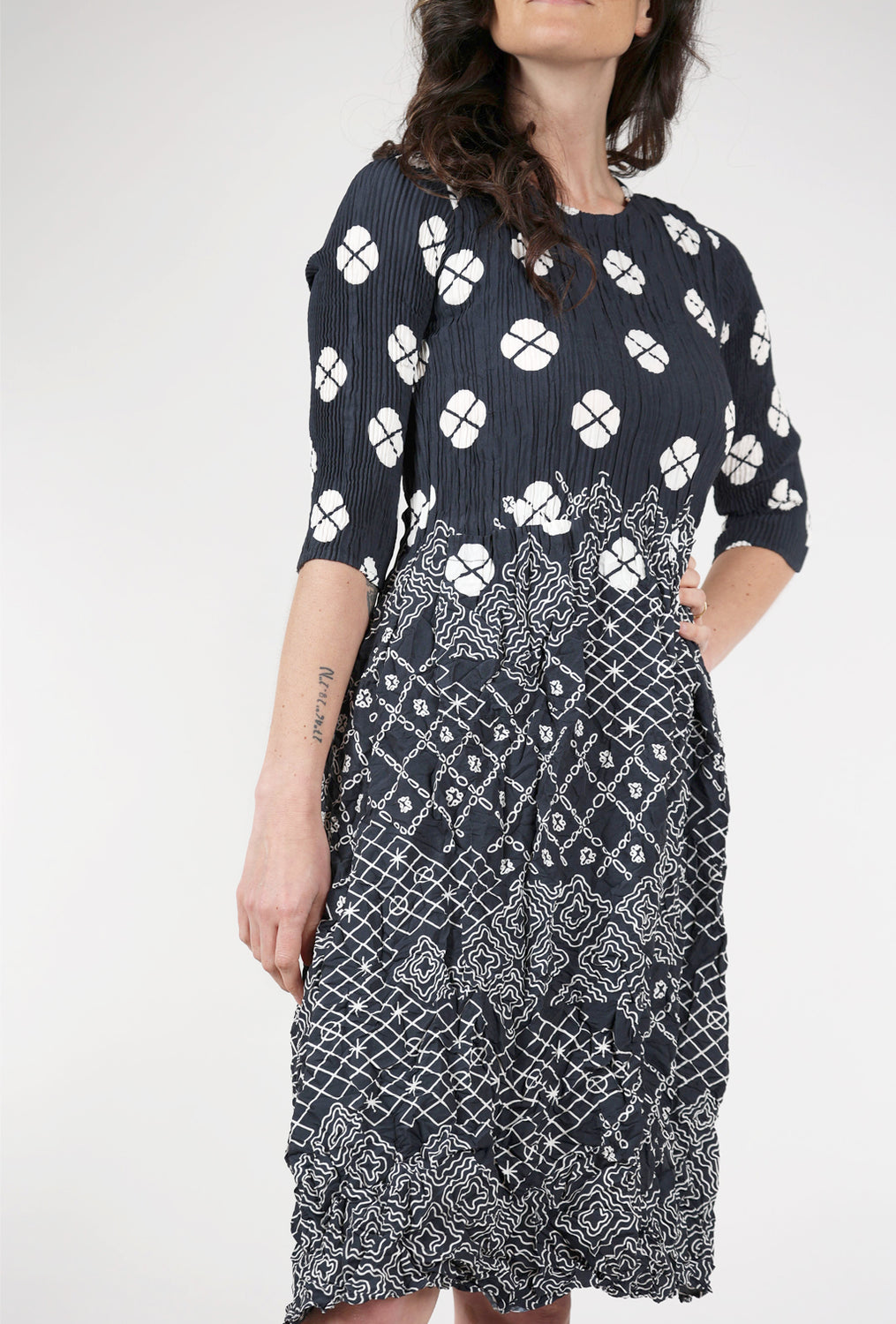 Alquema 3/4-Sleeve Smash Pocket Dress, Navy Geo Print 