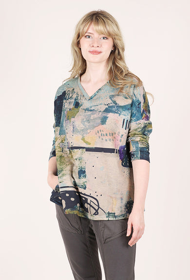 3 Potato Plush Print Vneck Top, Teal/Peach 