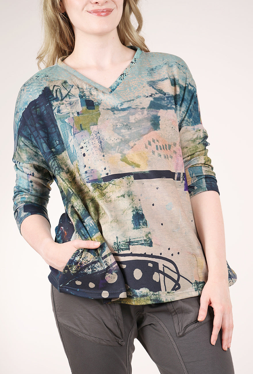 3 Potato Plush Print Vneck Top, Teal/Peach 