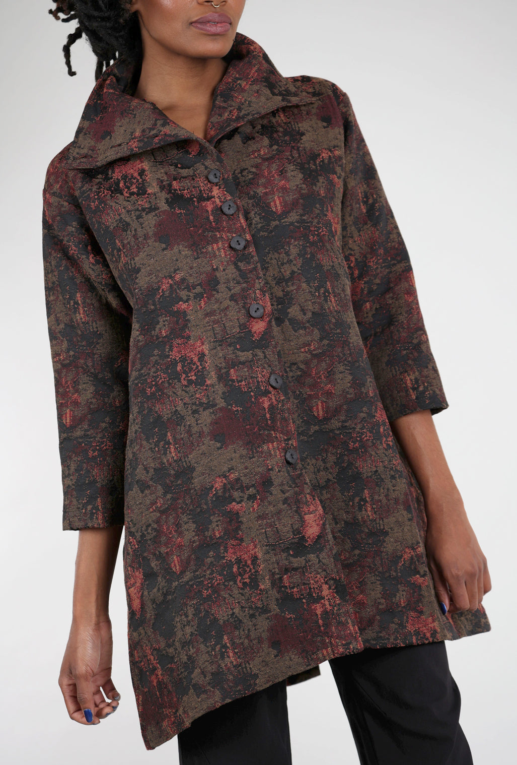 M Square Funnel Neck Brocade Jacket, Ruby Bloom 