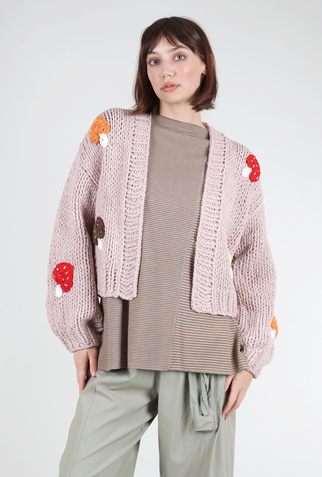 Knit Bon Bons Chunky Knit Cardie, Mushroom/Dusty Pink One Size Pink