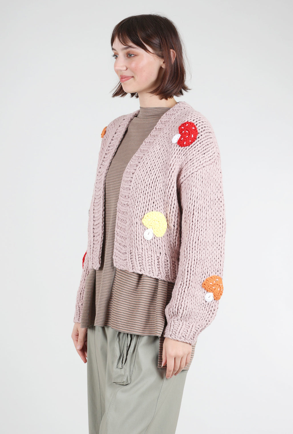 Knit Bon Bons Chunky Knit Cardie, Mushroom/Dusty Pink One Size Pink