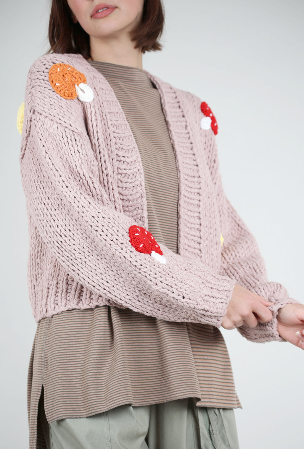 Knit Bon Bons Chunky Knit Cardie, Mushroom/Dusty Pink One Size Pink