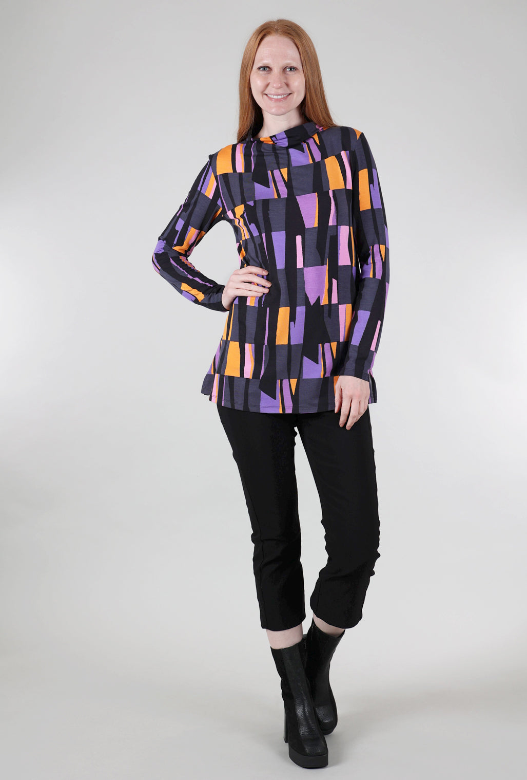 Luukaa Drape-Neck Swing Tneck, Violet Print 