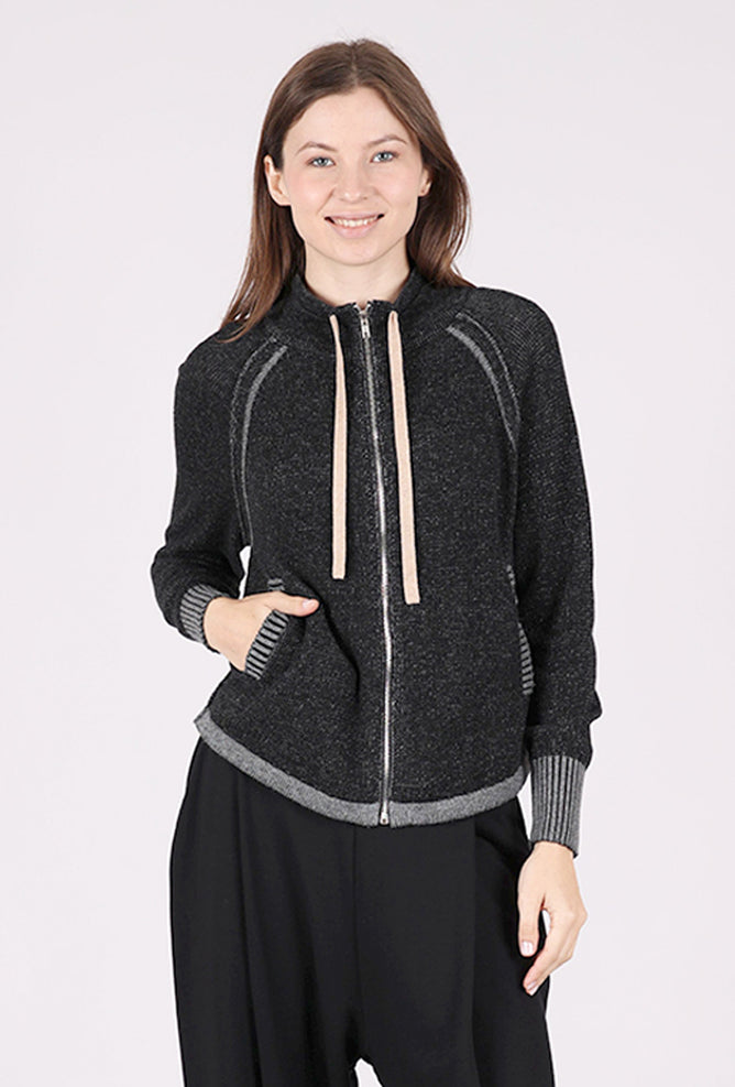 Two-Tone Zip Up Sweater, Black